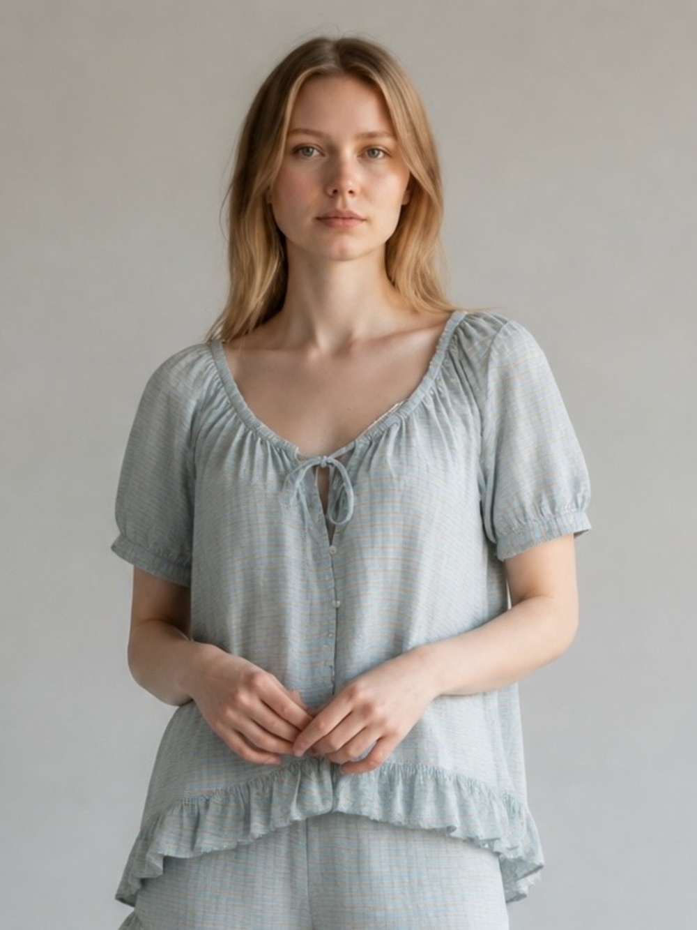 NWT By Anthropologie Short-Sleeve Ruffled Pyjama Top Cozy Cottage Sz M